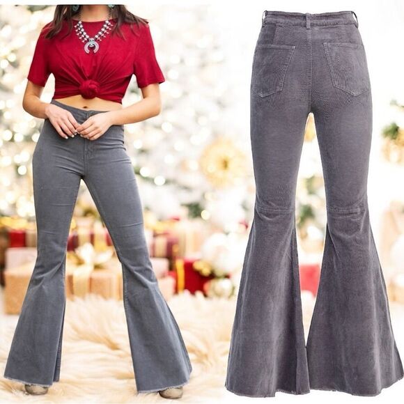 Lucky & Blessed Carson Grey Corduroy Flare Plus Size Jeans NEW - Picture 1 of 8